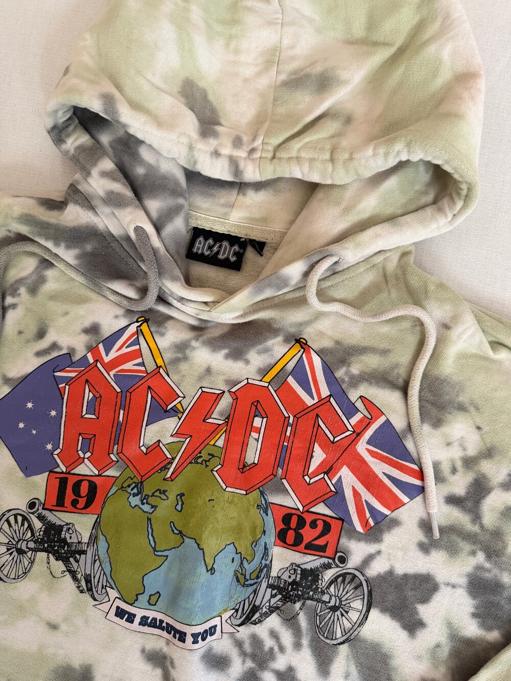 AC/DC Tie-Dye Hoodie Large Green Gray Cotton Blend Band Graphic Sweatshirt 1004